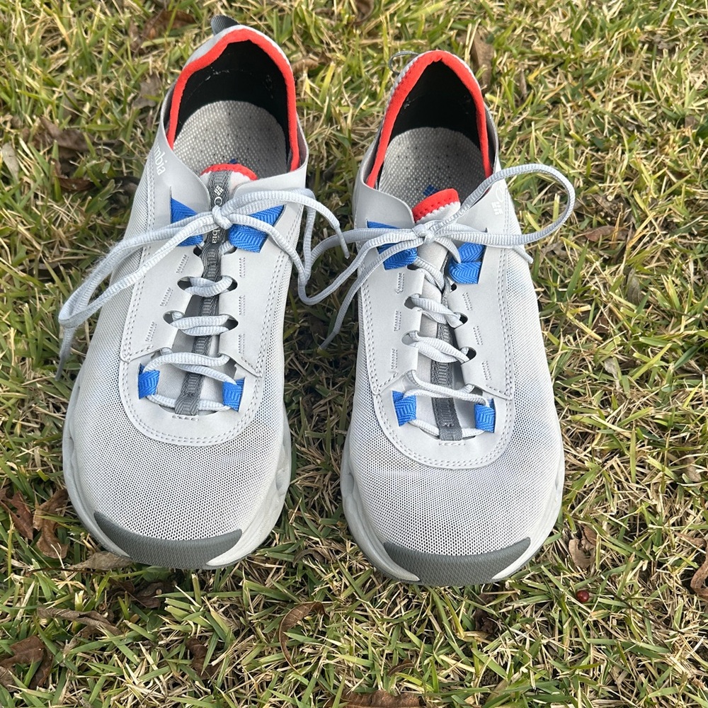 Columbia Gray and Blue Sneakers with Red Accents